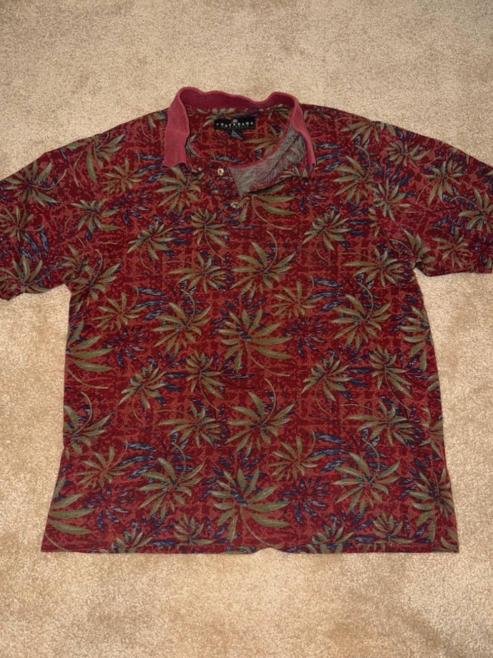 Tasso Elba Maroon Palm-Print Polo with Contrast Collar